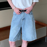 Hearujoy Trendy Men Denim Shorts Straight Wide Leg Knee-length Jeans Worn-out Vintage Trend Solid Color Male Bottoms 9C6905